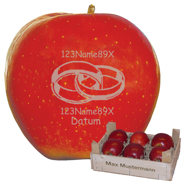 Liebesapfel rot / 2 Ringe + 3 Textzeilen / 6 Äpfel Holzkiste / Kiste mit Namen