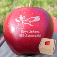Apfel mit Branding Herzlichen Glückwunsch mit Storch|truncate:60