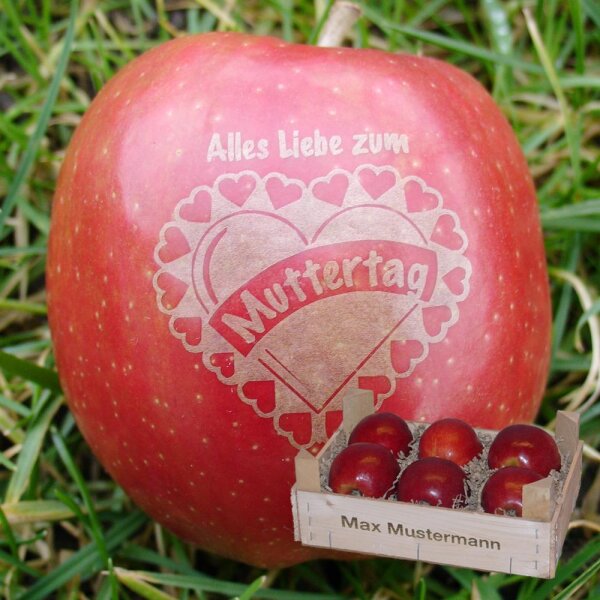 Liebesapfel rot / Muttertag / 6 Äpfel Holzkiste / Kiste mit Namen