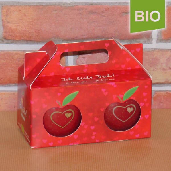 Box mit 2 roten Bio-Äpfeln / Ich liebe Dich Box / Herzäpfel
