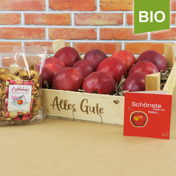 Alles Gute Kiste rote Bio-Äpfel mit Apfelchips