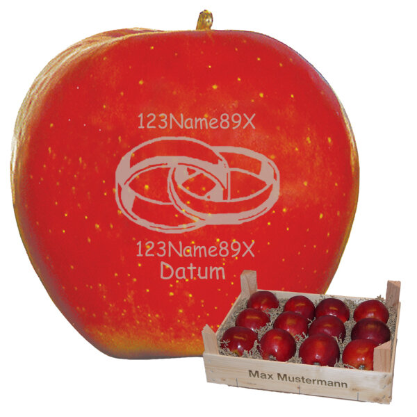 Liebesapfel rot / 2 Ringe + 3 Textzeilen / 12 Äpfel Holzkiste / Kiste mit Namen