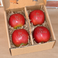 4 rote Logo-Äpfel Laser in 4er Apple Present Box...