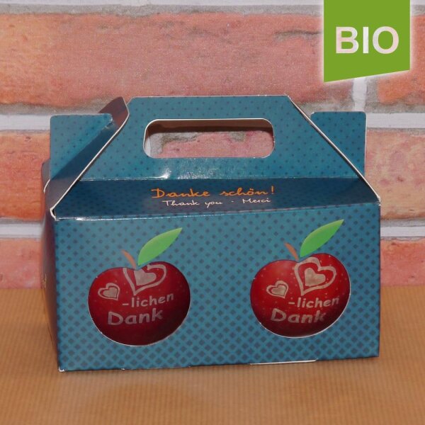 Box mit 2 roten Bio-Äpfeln / Danke schön! Box / Themenmotiv