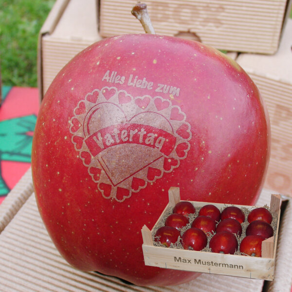 Liebesapfel rot / Vatertag / 12 Äpfel Holzkiste / Kiste mit Namen