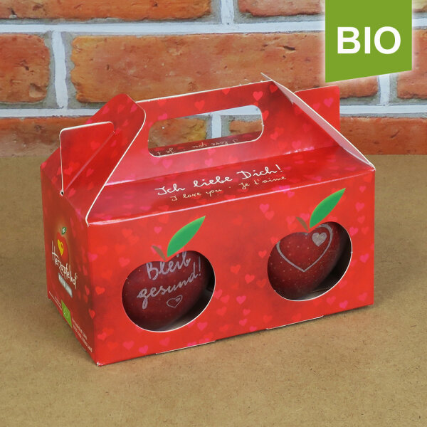 Box mit 2 roten Bio-Äpfeln / Ich liebe Dich Box / Gesund Herzapfel
