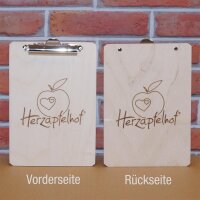 Holz Klemmbrett mit Branding "Herzapfelhof" / 240x160x3mm