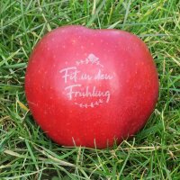 Roter Bio-Apfel mit Motiv - Fit in den Frühling