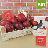 Bio-Äpfel-Kiste Altes Land mit Roman und Apfelchips|truncate:60