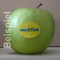 Grüner Apfel mit farbigem PR-Label