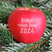 Rote Weihnachtsäpfel mit Motiv / Frohes neues Jahr 2024