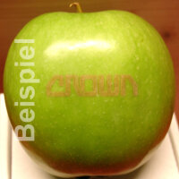 Grüner Logo-Apfel Laser im transparenten Würfel