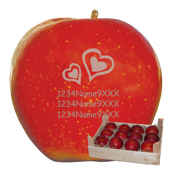 Liebesapfel rot / 2 Herzen + 3 Textzeilen / 12 Äpfel Holzkiste / Kiste ohne Branding