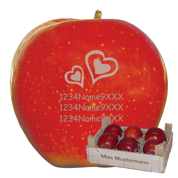 Liebesapfel rot / 2 Herzen + 3 Textzeilen / 6 Äpfel Holzkiste / Kiste mit Namen