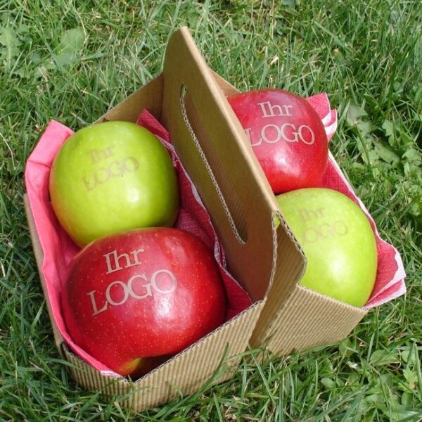 2 grüne und 2 rote Logo-Äpfel Laser in Apple Tray verpackt