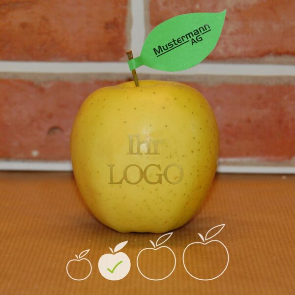 LOGO-Apfel / gelb / klein / Blatt indiv. Druck schwarz