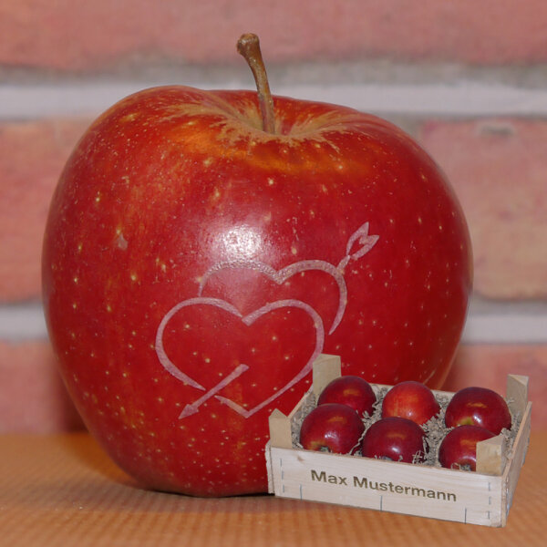 Liebesapfel rot / Zwei Herzen mit Pfeil / 6 Äpfel Holzkiste / Kiste mit Namen