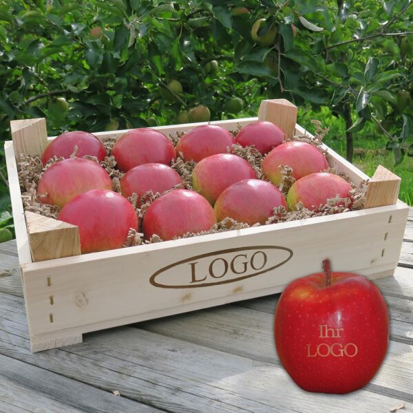 Rote Logo-Äpfel in Obststeige niedrig mit Logo-Branding