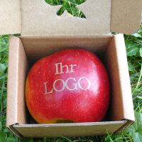 roter Logo-Apfel Laser in kl. brauner Apfelbox + Aufkleber
