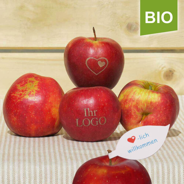 LOGO-Apfel / rot BIO / krumme Äpfel mittelgroß / Blatt indiv. Druck farbig