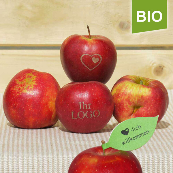 LOGO-Apfel / rot BIO / krumme Äpfel mittelgroß / Blatt indiv. Druck schwarz