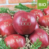 12 rote Logo-Äpfel mit Kiste Frohe Weihnacht