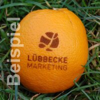 6 große Logo-Orangen in Logo-Holzkiste